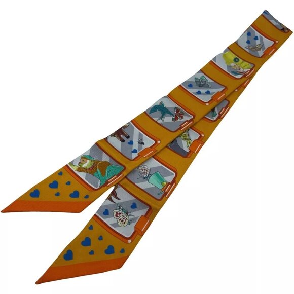 Authentic HERMES Twilly Hermes Story Scarf Orange Silk - Picture 14 of 16